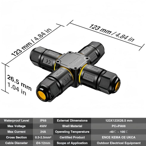 IP68 Waterproof Cable Connector, 4 Way Junction Box for Outdoor, Screwless 3 Pins Electrical Cable Protector