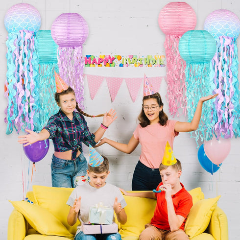 YIOTJUNL 6pcs Blue Pink Purple Hanging Jelly Fish Paper Lanterns, Gradient Colorful Paper Lanterns for Mermaid Theme