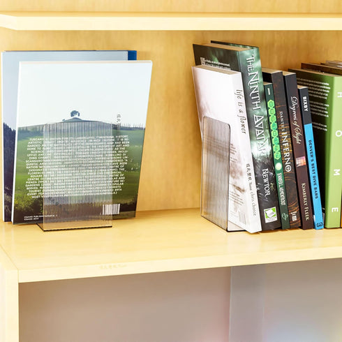 6 SUOXING PCS Clear Acrylic Book Ends for Shelves Decorative,Invisible Book Stopper with Non-Slip Mats for Heavy