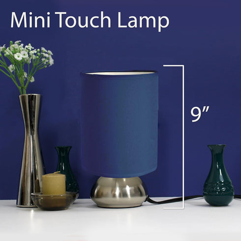 LT2016-BLU-2PK 2 Pack Set Simple Designs Gemini Brushed Nickel Mini Touch Lamp with Fabric Shades, Blue
