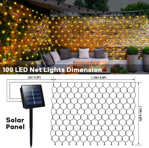 Net Lights Solar Powered, 100 LED 5Ft x 5Ft Bush Net Light Outdoor, Auto On/Off, 8 Modes for Tree Fence Backyard Bush