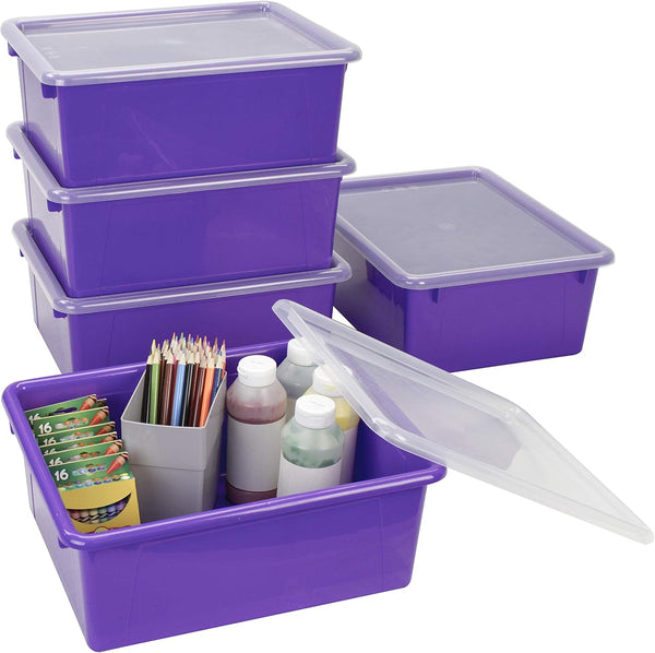 Storex Deep Storage Tray, Letter Size Organizer Bin with Non-Snap Lid, Violet, 5-Pack for Classroom, Office, Home