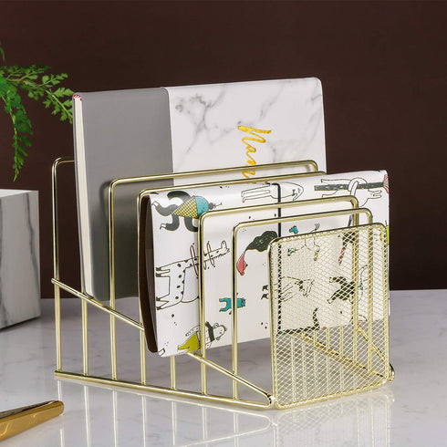 Simmer Stone Incline File Sorter, 7 Slot Magazine Holder for Letter, Document, Folder, Metal Desktop Organizer, Gold
