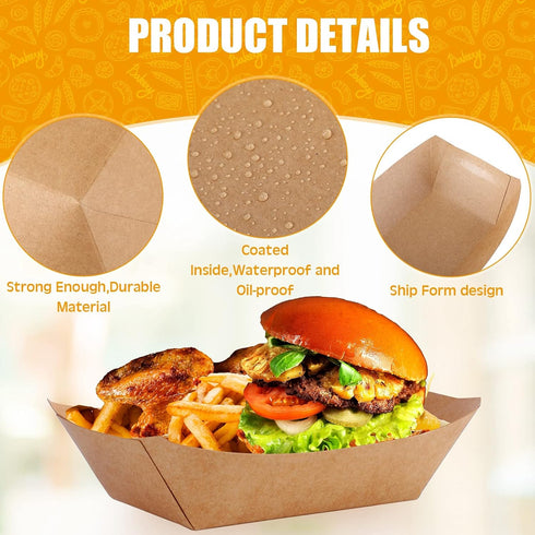 3 lb 300 Pack Zhehao Kraft Paper Food Trays Disposable Nacho Hot Dog Trays Bulk Paper Food Boats Brown Serving Boats