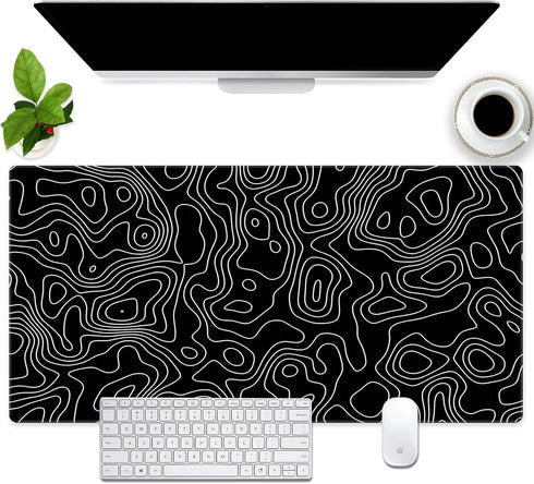 Black Topographic Map Extended Large Mouse Pad, XXL Gaming Desk Mat, 31.5x15.7inch with Stitched Edge for Home Office