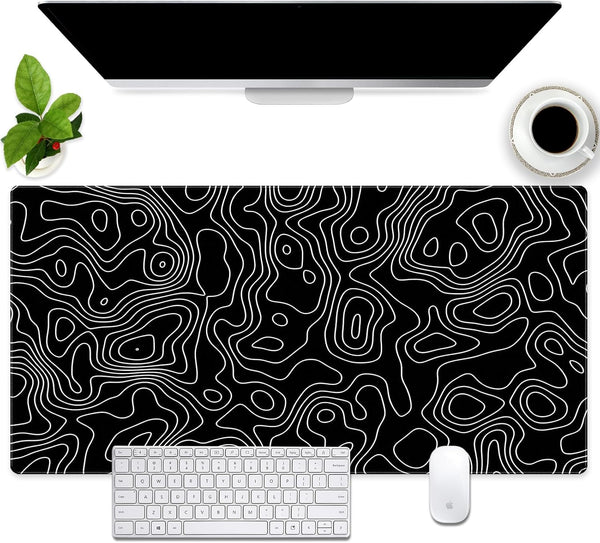 Black Topographic Map Extended Large Mouse Pad, XXL Gaming Desk Mat, 31.5x15.7inch with Stitched Edge for Home Office