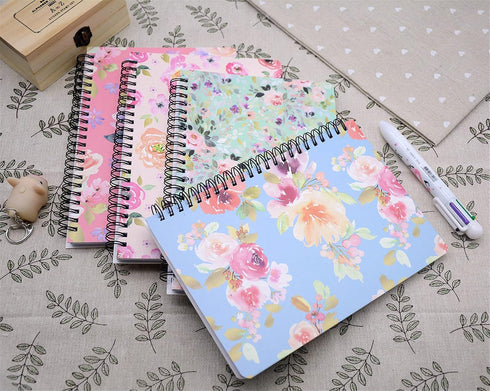 Yansanido Spiral Notebook, 4 Pcs A5 Thick Flower Design, Hardcover, 8mm Ruled, 80 Sheets - 160 Pages for Study