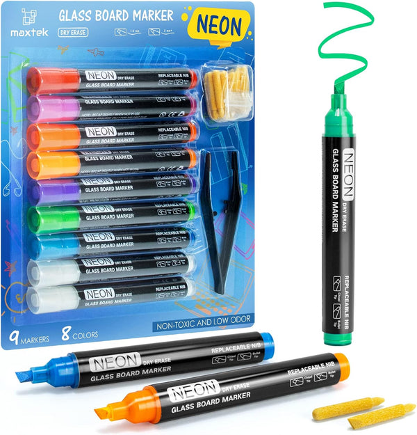 maxtek Neon Dry Erase Markers for Glass, Window Markers for Dry Erase Board, Chisel Tip, Assorted Colors