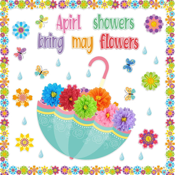 TaoBary 96 Pcs April Showers Bring May Flowers Bulletin Board Cutouts - 3D Tissue Paper Flower Spring Classroom