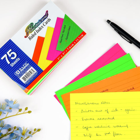 75 Count 3" 5" (596) BAZIC X Ruled Fluorescent Colored Index Card