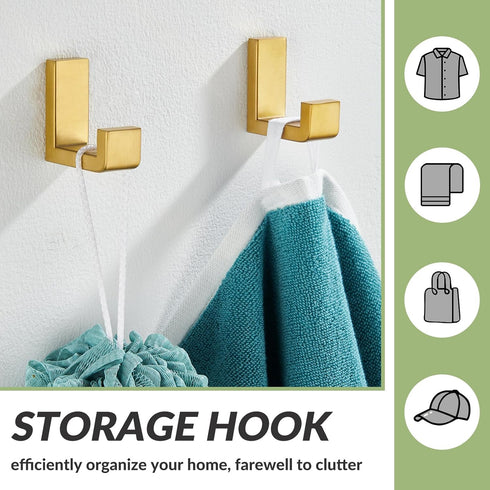 APLusee L Shape Bath Towel Hook 2 Pack - 304 Stainless Steel Coat Holder for Bathroom Kitchen, Brushed Gold