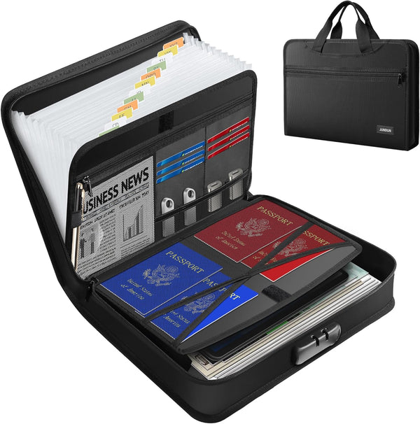 JUNDUN Accordion File Organizer with Lock, 13 Pockets, Fireproof Document Organizer with Handle & Zipper for Letter A4