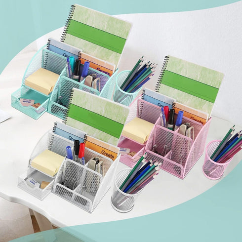 Flexzion Desk Top Caddy Organizer, Green Metal Mesh with 6 Compartments, Drawer and Pen Holder