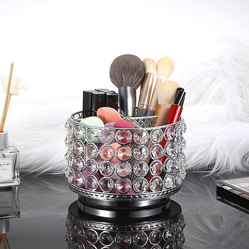 Hipiwe 360 4-Slot Crystal Vanity Organizer Makeup Brush Holder- Rotating Cosmetic Brushes Display Organizers Spinning