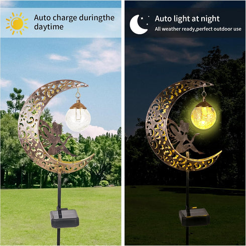 Solar Garden Lights Outdoor Decor,Moon Fairy Crackle Glass Lights,Waterproof Warm White LED Metal Stake Ornament
