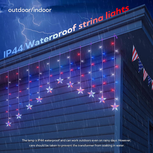 4th String,11.5ft 118LED 8 of July Patriotic Star Icicle Lights,red White and Blue Curtain Waterproof Modes with Timer