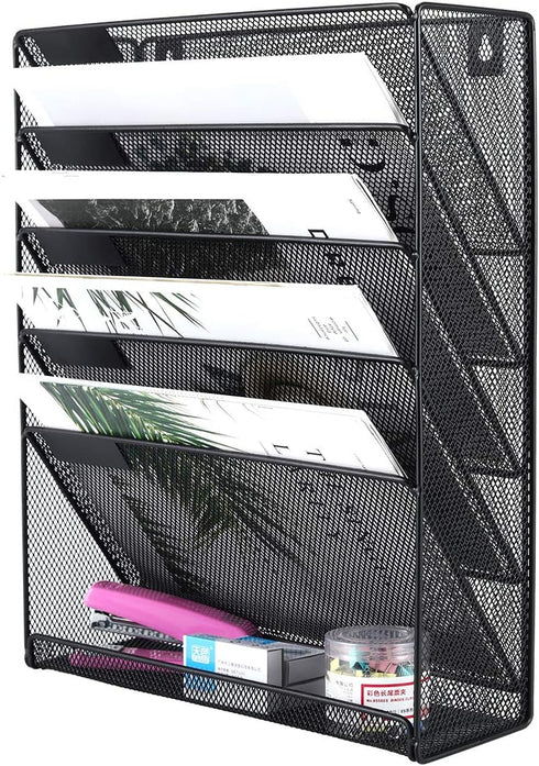 EasyPAG 5 Slot Wall Hanging File Organizer - Vertical Office Desk / Wall Mounted Paper Holder with Bottom Tray, Black