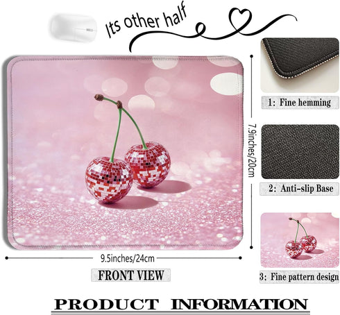 XUNLURY Y2K 9.5x7.9 Inch Trendy Pink Disco Ball Cherry Mouse Pad, Funky Preppy Glitter Cherry Fruit Mousepads