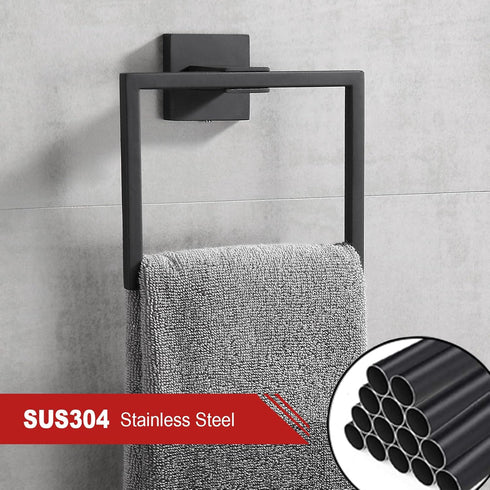 Bathroom Towel Ring, Black SUS 304 Stainless Steel Square Towel Bar, Matte Black Towel Holder for Wall Mount