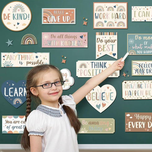 Bulletin Board Decorations Positive Affirmation Poster Cutouts, Boho Rainbow Motivational Banner for Classroom