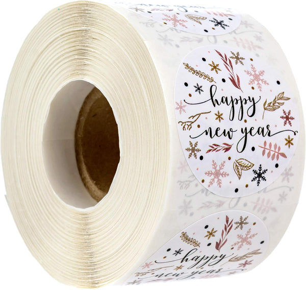 Floral Happy New Year Stickers, 500 New Year's Eve Labels, 1.5" Holiday Card Envelope Seals, Made in The USA