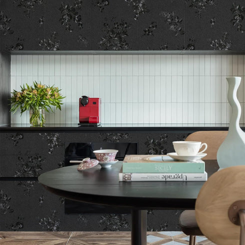 Black Peel and Stick Wallpaper Black Silk Embossed Floral Contact Paper for Cabinets Furniture 17.7 118 Textured Flower Wallpaper Self Adhesive Kitchen Wallpaper for Bathroom Waterproof by Lativo