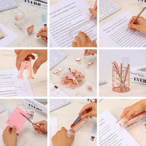 EOOUT Rose Gold Desk Accessories Set, Acrylic Stapler Set, Staple Remover, Phone Holder, Pen Holder