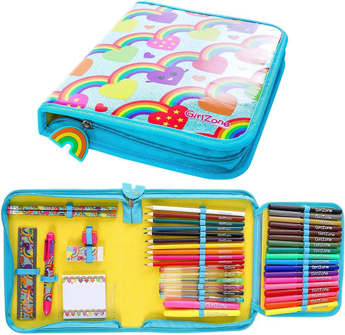 GirlZone Jumbo Rainbow Pencil Case for Girls, 43 Pieces, Arts & Crafts Filled Stationery