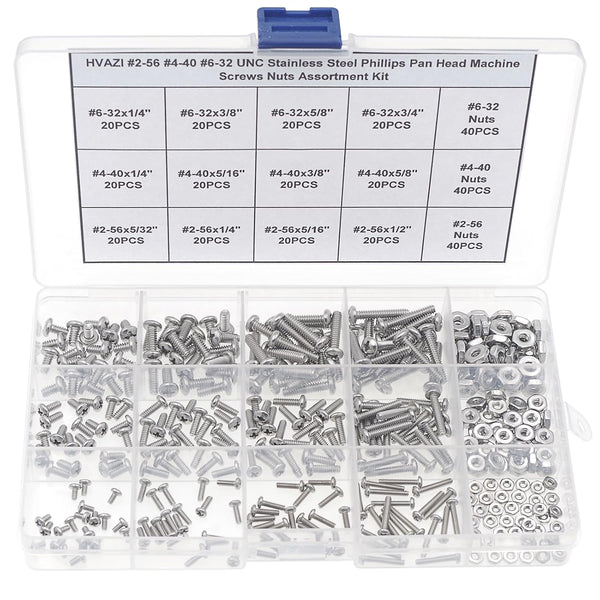 #2-56 #4-40 #6-32 UNC Stainless Steel Phillips Pan Head Machine Screws Nuts Assortment Kit