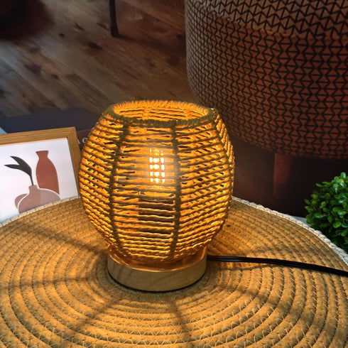 2700K G45 Bulb Rattan Table Lamp, Mini Boho Lamp, Vintage Wicker Nightstand Small Lamps with Wood Base, Bohemia Woven
