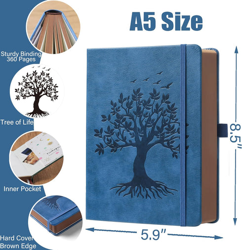 ZXHQ A5 360 Pages Lined Journaling Notebooks with Pen, Tree of Life Design, Brown Edge, Fine Inner Pocket, Blue