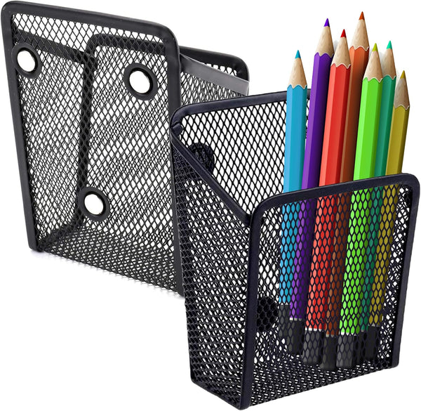 Performore 2 Pack Magnetic Metal Mesh Pen Holder, Black Stainless Steel Pencil Holder for Home or Office