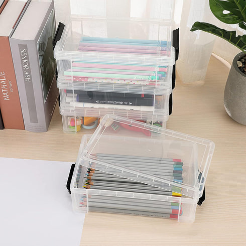 BTSKY 4 Pack Extra Large Capacity Plastic Pencil Box, Stackable Clear Storage Organizer for Office Supplies