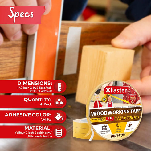 XFasten Double Sided Woodworking Tape 1/2" x 36 Yards (4-Pack) - Double Face Woodworker Turner's Tape for Wood Template, Edge Banding, Routing, Anchoring | Strong Adhesion but Removable & Residue Free by XFasten