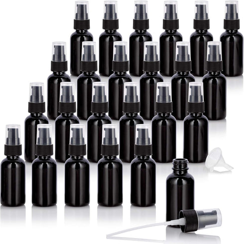 JUVITUS 1 oz / 30 ml Black Glass Boston Round Bottle with Black Treatment Pump (24 Pack) + Funnel