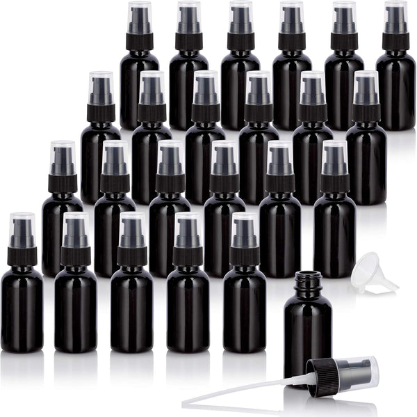 JUVITUS 1 oz / 30 ml Black Glass Boston Round Bottle with Black Treatment Pump (24 Pack) + Funnel