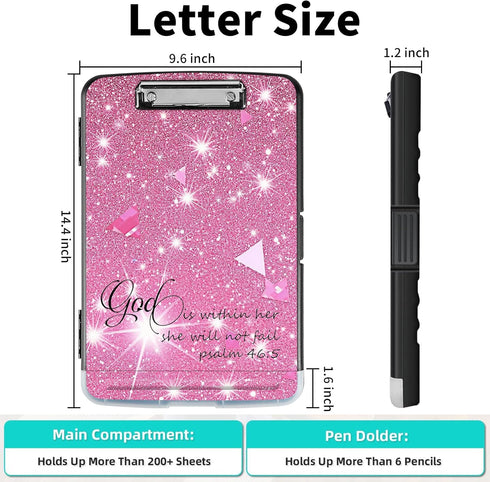 Clipboard with Storage, Heavy Duty Plastic Clipboard Case Box with Pen Holder, School Office Supplies, Pink Glitter