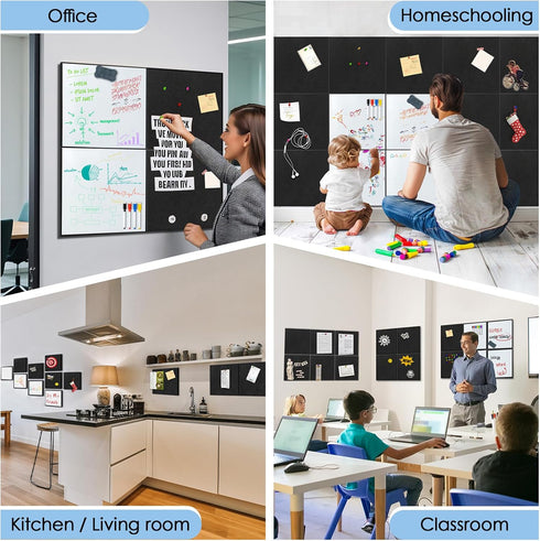 BXI Felt Bulletin Board with Pins & Magnetic Dry Erase Whiteboard Combo, 8 Pcs Self-Adhesive Tiles