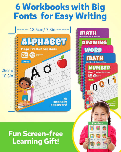 6Pcs 3-8 Coogam Magic Grooved Writing Practice for Kids, Grooved Handwriting Copybook with Pens, Learn to Write Number