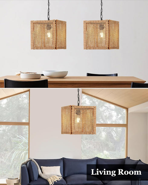 1-Light 12" ELYONA Rattan Pendant Light, Square Solid Wood Frame Woven Pendant Light Fixtures Boho Adjustable Hanging