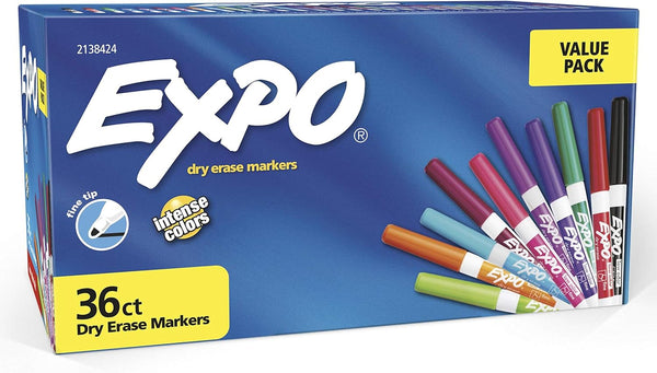 EXPO Fine-Tip Low-Odor Ink Dry Erase Markers, Assorted Vibrant Colors, Pack of 36 for Classrooms, Offices & Homes