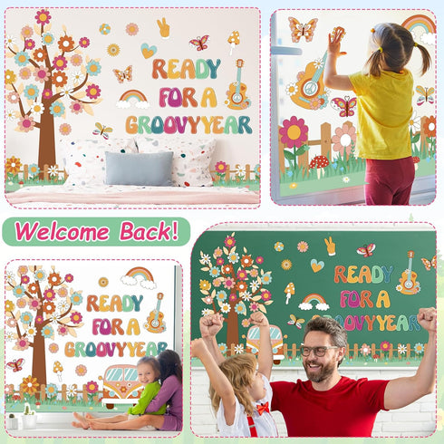 gisgfim Retro Boho Tree Bulletin Board Set, Groovy Classroom Decorations with Daisy Cutouts for Teachers