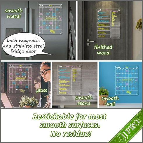 JJPRO Non-Magnetic Dry Erase Calendar for Fridge-Reusable Monthly&Weekly Planning Board and Blank Clear Board Bundle for All Smooth Surfaces. Clear Reusable Board Sticks to Fridge,Wall,Door&Glass by JJPRO