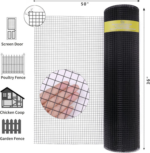 1 inch 36in 50ft,16 Hardware Cloth x Gauge Black PVC Coated Welded Wire Fence, Wire Mesh Roll,Rabbit Wire,Black Chicken