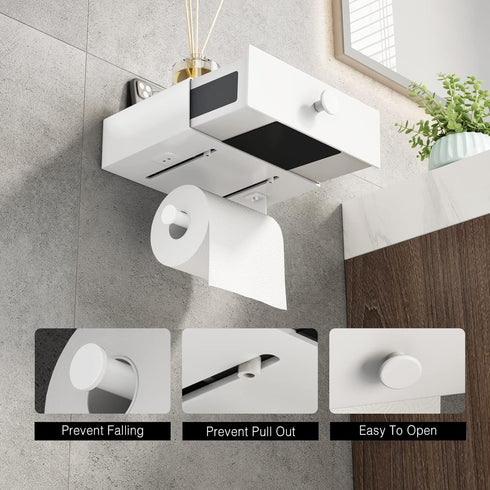 VOLDRA Toilet Paper Holder with Shelf White Wipes Dispenser for Bathroom Toilet Paper Holder with Storage Upgrade