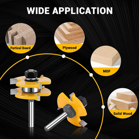 Junreox 2PCS Set, 3rd 1/4 3/4" 1/2" 3 Tongue and Groove Router Bit Gen. Shank Router Bits for Stock, Cutting Depth