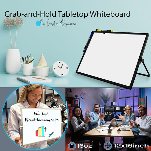 Large Magnetic Dry Erase White Board 12"X16" with Black Frame, Stand, 8 Markers, 4 Magnets, Eraser for Office