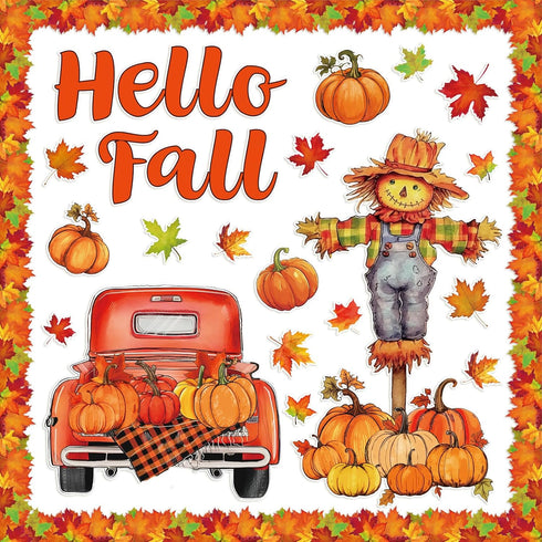 Fall Bulletin Board Decorations with Maple Leaves, Pumpkin, Scarecrow Truck Cutouts and Bulletin Boarder Stickers