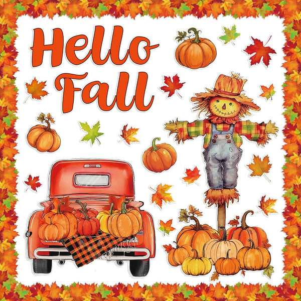 Fall Bulletin Board Decorations with Maple Leaves, Pumpkin, Scarecrow Truck Cutouts and Bulletin Boarder Stickers