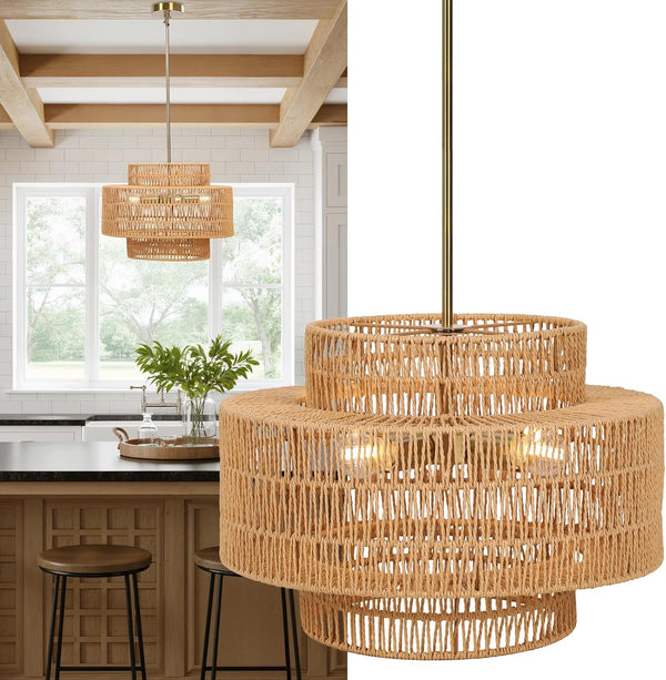 18" 3-Tier Boho Rattan Chandelier Light Shade, Hand Woven Drum Rattan Lampshade